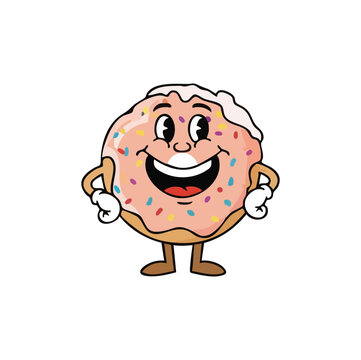 Vintage retro style pink frosted donut character with sprinkles smiling proudly with hands on hips.