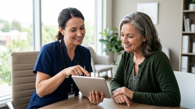 Doctor showing medical results on tablet to smiling senior patient in consultation room