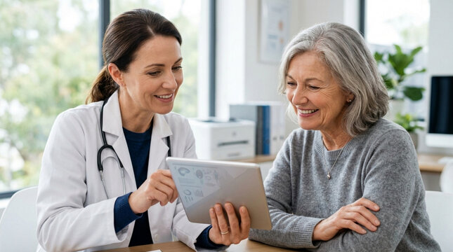 Doctor showing tablet results to happy senior woman patient in clinic