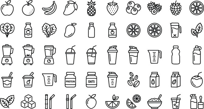 Healthy fruit and smoothie beverage outline icon collection featuring apples, citrus, berries, juices, protein drinks, oats, seeds, blenders, and nutrition