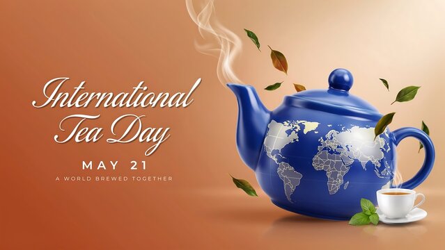 International tea day celebration with blue teapot and cup