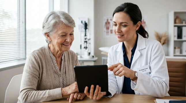 Doctor showing tablet results to smiling senior woman patient in clinic