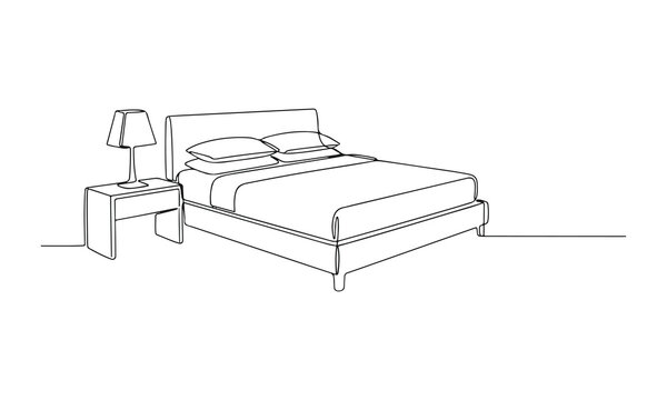 Hand drawn sketch of a comfortable bed with pillows and nightstands