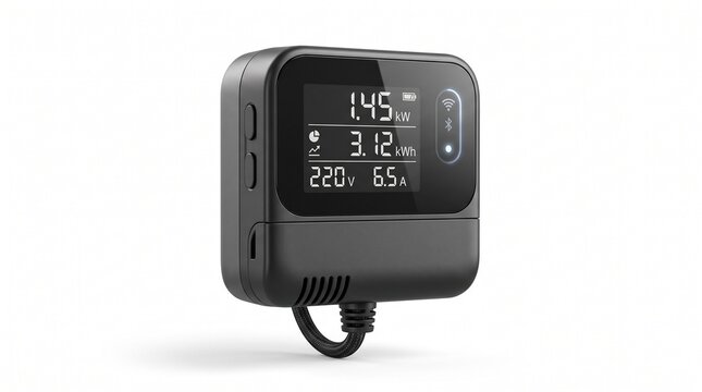 Digital smart energy monitor with LCD display. Portable power meter for electricity tracking. Black electronic wattmeter device.