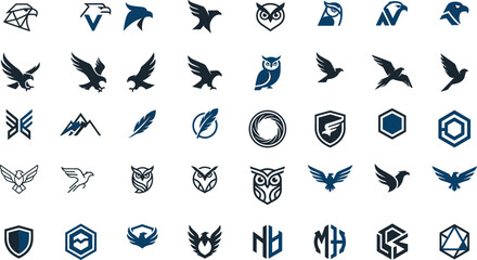 Fototapeta premium Modern bird and owl logo collection featuring raptor eagle falcon avian shields monograms emblems and corporate branding vectors