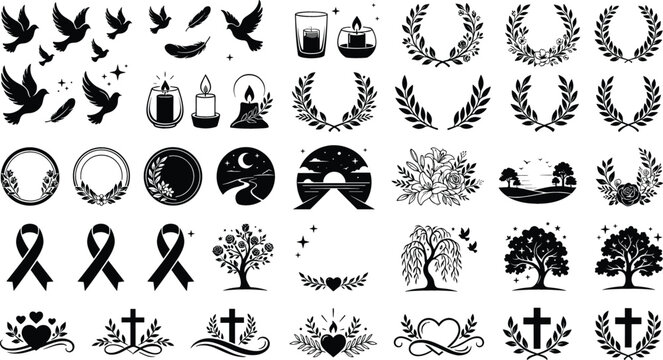 Memorial and remembrance silhouette collection featuring doves, candles, ribbons, wreaths, crosses, hearts, trees, flowers, and peaceful spiritual symbols