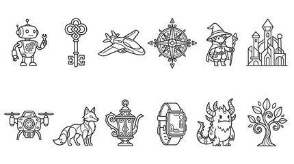 Naklejka premium Black and White Line Art Icon Set for Games and Apps