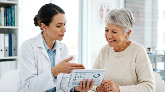 Doctor showing tablet screen to smiling elderly woman, healthcare consultation