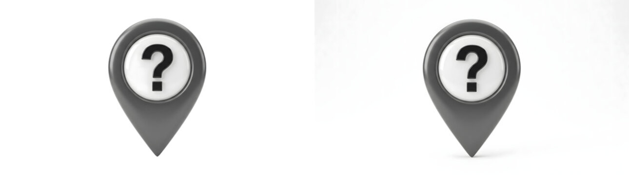 Gray location pin icon featuring a question mark symbolizing unknown destination and navigation uncertainty concept design shown in PNG, Transparent and White Background Versions