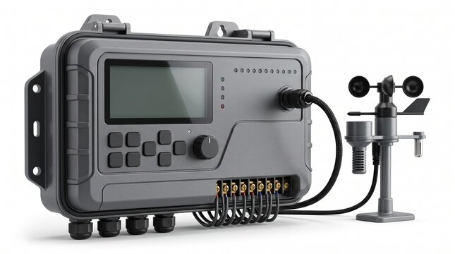 Industrial weather station control unit, rugged outdoor meteorological monitoring device, gray environmental sensor system with anemometer