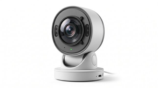Modern smart security camera, white wireless home surveillance device, indoor wifi monitoring system for property protection
