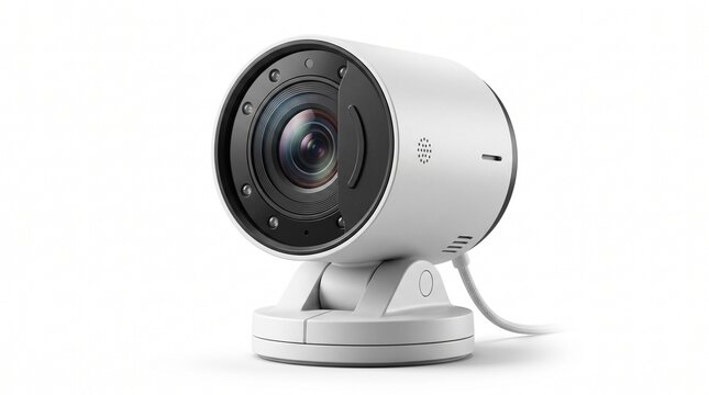 Modern white security camera on white background, smart home surveillance device, wireless indoor cctv camera for property protection
