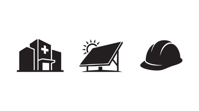 modern black silhouette vector icon set featuring a hospital building, solar panel