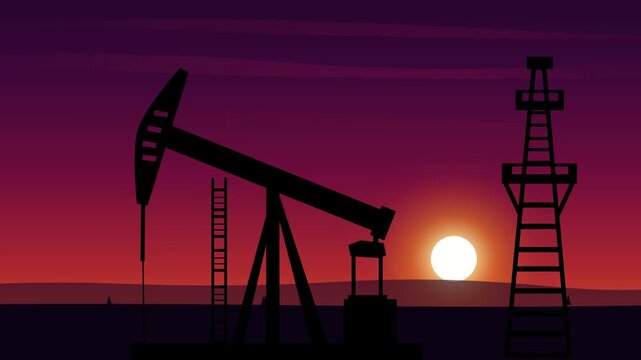 Silhouettes of Working Oil Pumpjacks at Sunset Animation