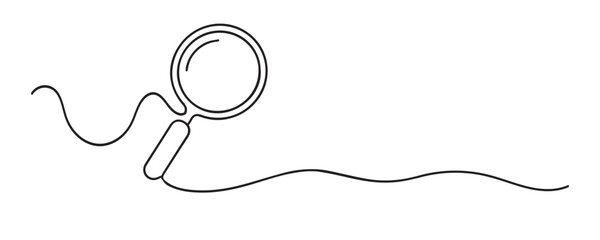 Fototapeta premium Single line drawing of a detective magnifying glass. Continuous line drawing of a classic magnifying glass used for examining clues and evidence. Representing mystery and investigation.