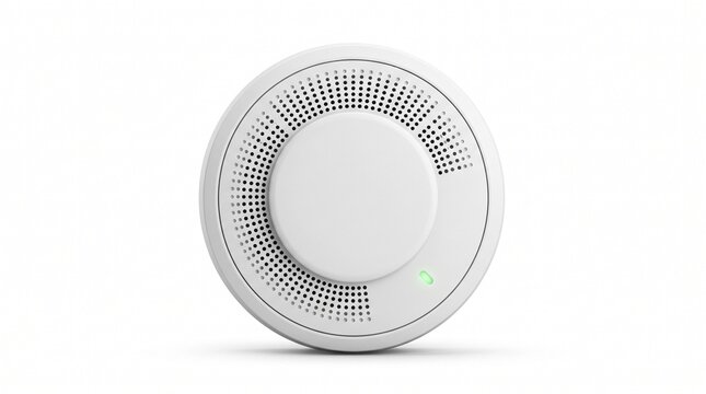 Modern white smoke detector with green LED light. Fire safety alarm sensor for home security. Minimalist carbon monoxide detector on white background.