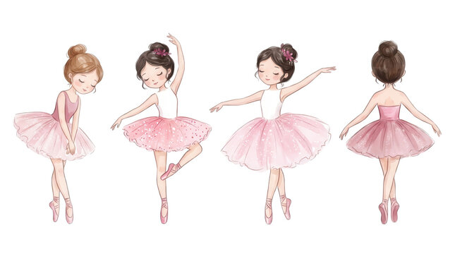 Watercolor illustrations of cute little ballerinas wearing pink tutus and ballet shoes in different dancing poses showing graceful movement and delicate artistic charm dance