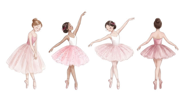 Watercolor illustrations of four young ballerinas in graceful dancing poses wearing pink and white tutus and pointe shoes while performing classic ballet steps and holding elegant postures