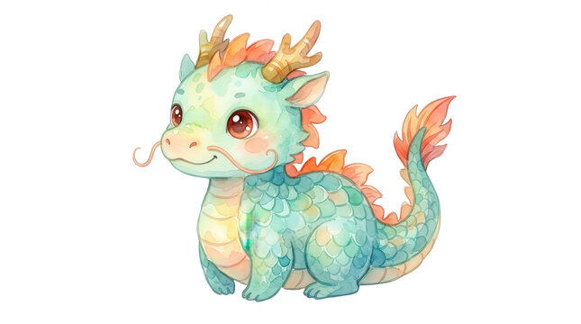 Charming little green dragon watercolor painting featuring soft pastel hues cute sparkling eyes small horns and a fluffy orange tipped tail in a delightful fairy tale artistic style