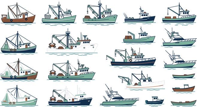  Fishing Trawler and Commercial Fishing Boat Vector Collection