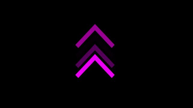 Minimalist purple neon chevron arrows pulsing animation on black background, abstract