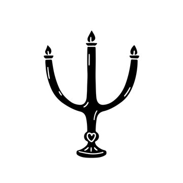 Hand drawn black silhouette tea candle candelabrum icon vector illustration. Monochrome doodle candlestick