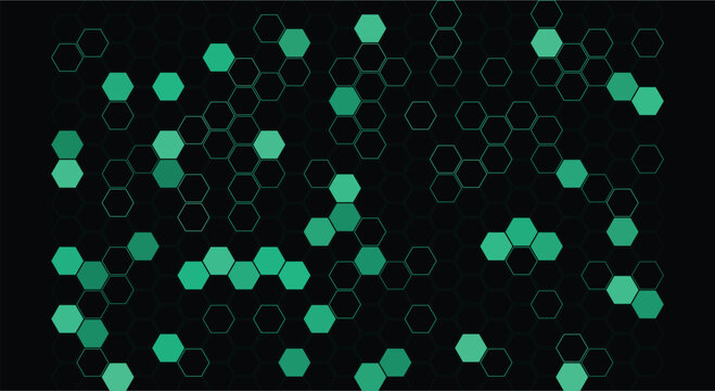 Green hexagonal grid pattern with scattered filled hexes on black