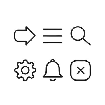 Set of thin line UI icons including arrow, hamburger menu, search magnifier, settings gear, notification bell, and close X. Minimal geometric style vector collection with a consistent 2px stroke.