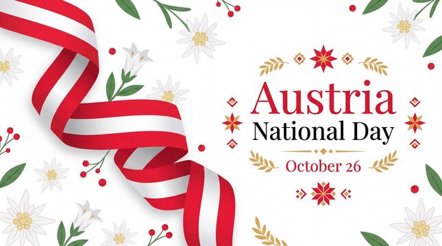 Austria National Day celebration banner with traditional Edelweiss flowers vienna architecture silhouette and waving Austrian flag ribbon vector illustration isolated on white