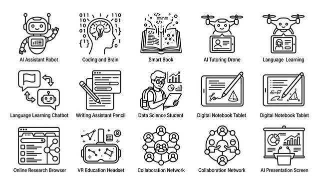 AI Education and Smart Technology Line Icon Set
