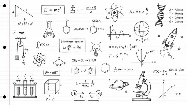 Hand Drawn Science Equations And Educational Laboratory Doodles Collection