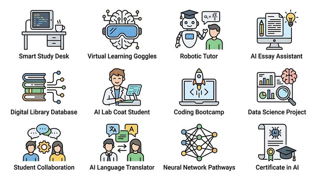 AI Education and Smart Learning Technology Icon Set