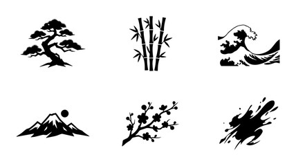 Fototapeta premium Japanese Icons: Bonsai Tree, Bamboo, Wave, Mountain, Cherry Blossom, Ink Splash