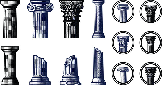 Antique Greek column halftone vector illustration set featuring classical architectural orders and historic ruins icons on white background