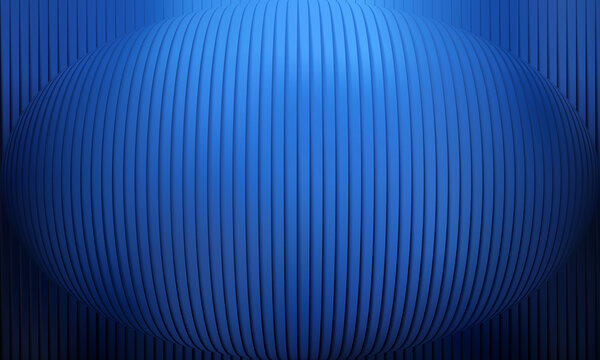 Abstract futuristic 3D ellipsoid oval form with vertical fluted ribbed solid blue texture and minimalist corporate design