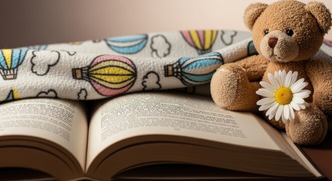 Teddy bear with flower on open book and blanket