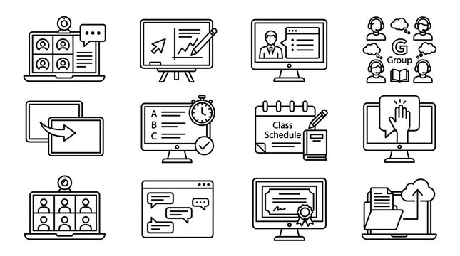 E-learning and Virtual Classroom Line Icon Set
