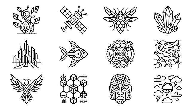 Modern Line Art Icon Set for Technology and Nature Concepts
