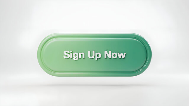3D green call-to-action button with glowing sign up now text for web design and marketing
