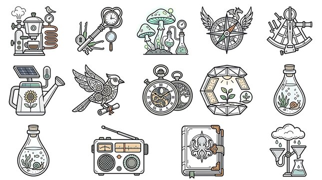 Steampunk Fantasy Icon Set and Vintage Vector Illustrations