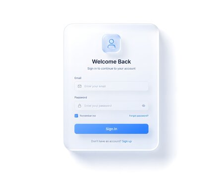 Minimal 3D Glassmorphism Login Card with Pastel Blue Accent on White Background