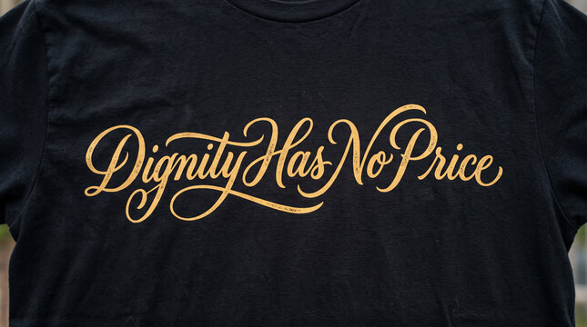 Black t shirt featuring the gold text dignity has no price in a cursive script font with cotton shirt displays cursive lettering calligraphy typography with clothing