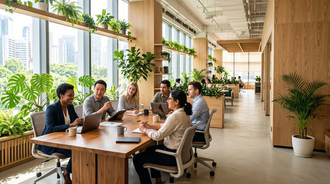 Professional diverse business team meeting in modern eco-friendly green office focusing on ESG and sustainability strategy.