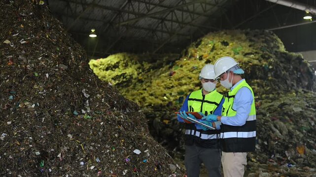 Industrial engineers in safety gear inspect recycling machinery and organic waste sorting processes at a green energy factory facility.