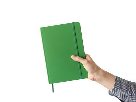 Person holding a green notebook in their hand isolated on transparent background