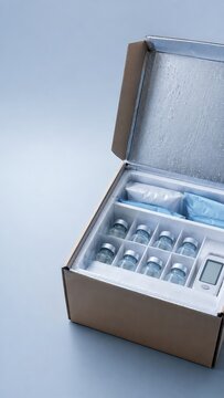 Medical vials in insulated cold box, pharmaceutical cold chain concept for temperature controlled drug delivery