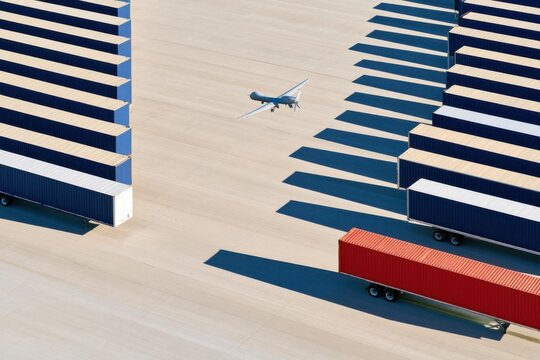 Surveillance drone technology flying in slow pass over cargo containers