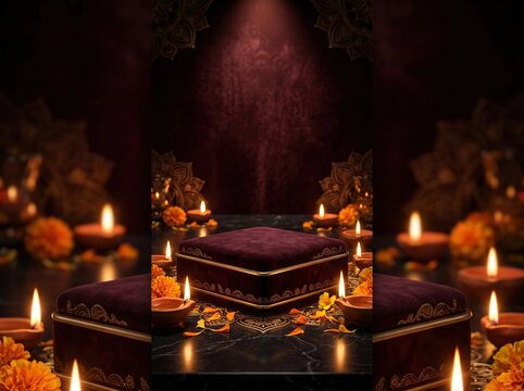Luxurious diwali jewelry presentation background with velvet cushion and diya candles for elegant product display and advertising banner