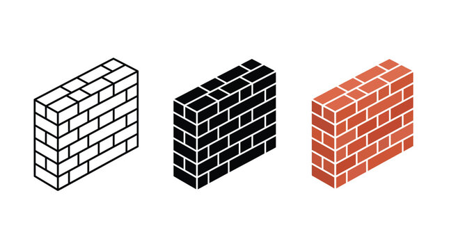 Three distinct isometric brick wall variations showing outlined black silhouette and colored texture styles for professional architectural and construction design projects
