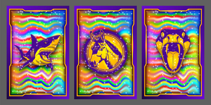 Vector set, collectible color holographic purple and gold luxury cards. Collection of various animals. Shark, donkey and snake. Iridescent sparkling stickers, highlights, decals